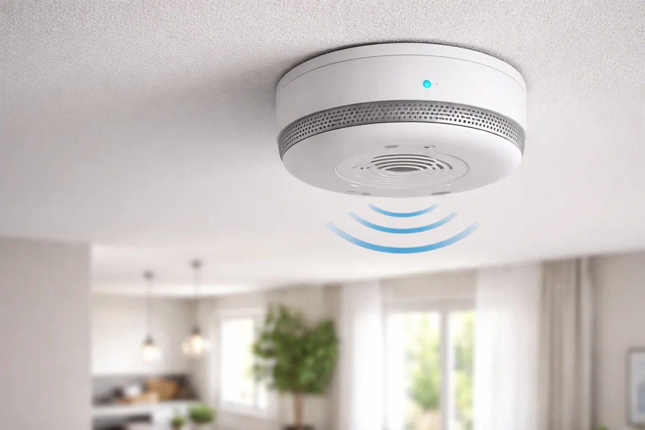 Detector inteligente de humo y monóxido de carbono Google Nest Protect montado en un techo